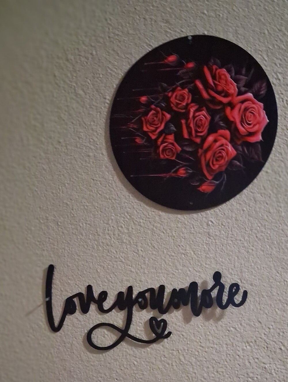 Black 'Love You More' Script Wall Sign with Red Rose Circle Art Metal